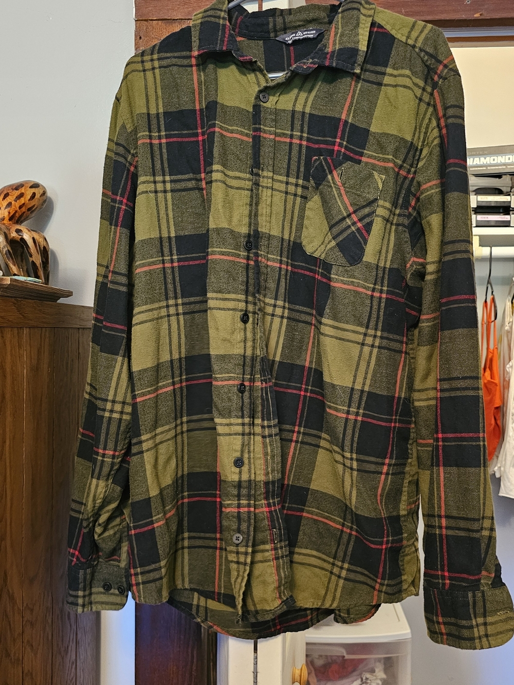 Alpine Olive Green Black Plaid Button-Down Shirt with Red Accents